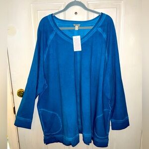 “NWT” Lori Goldstein Size 5X Distressed Cotton Slub Top W/Pockets- Blue Lagoon